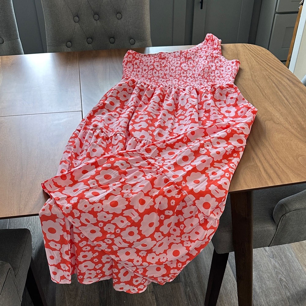 Women’s One Shoulder Floral Smocked Bodice Dress - Coral Pink